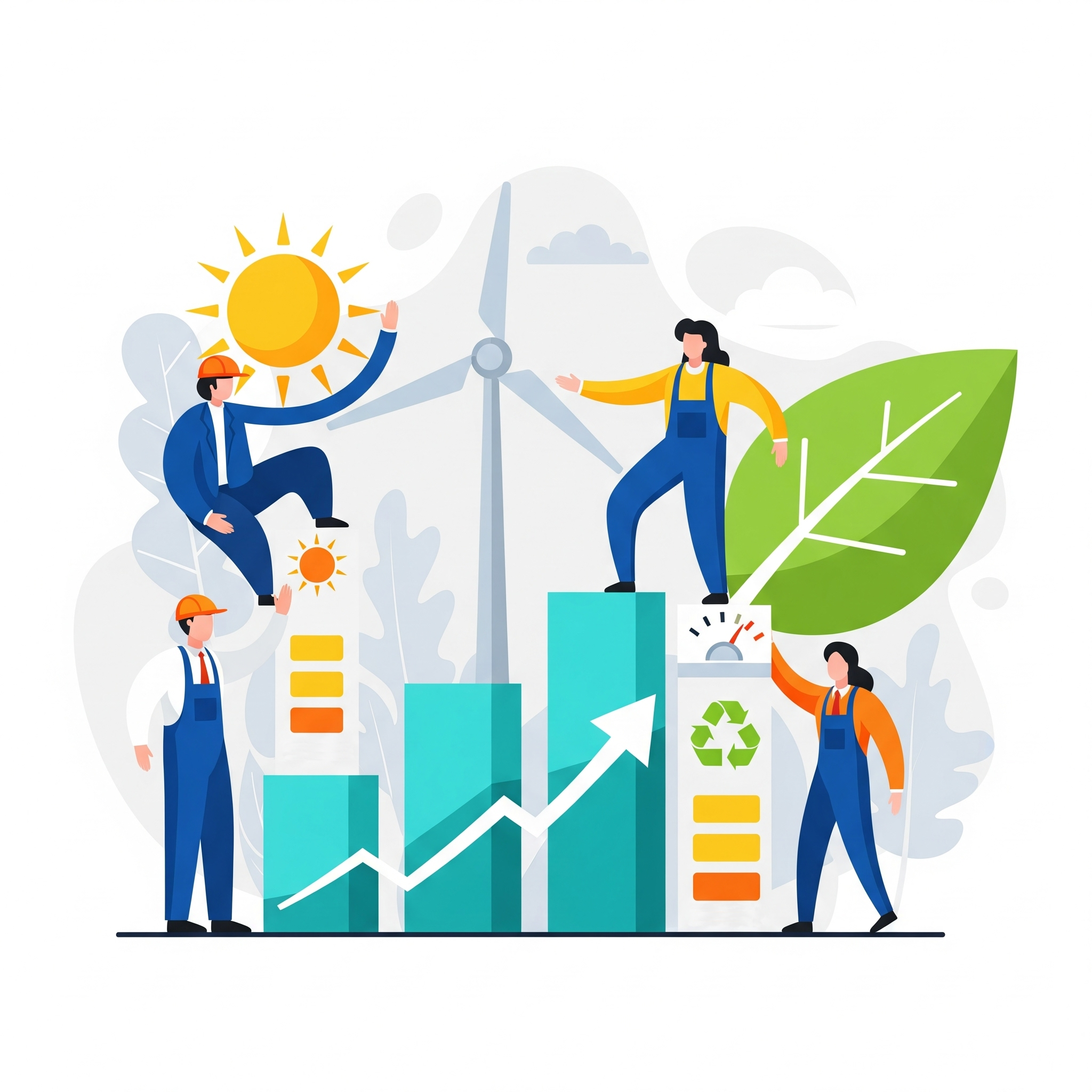 Ilustración empresarial mostrando soluciones energéticas y eficiencia